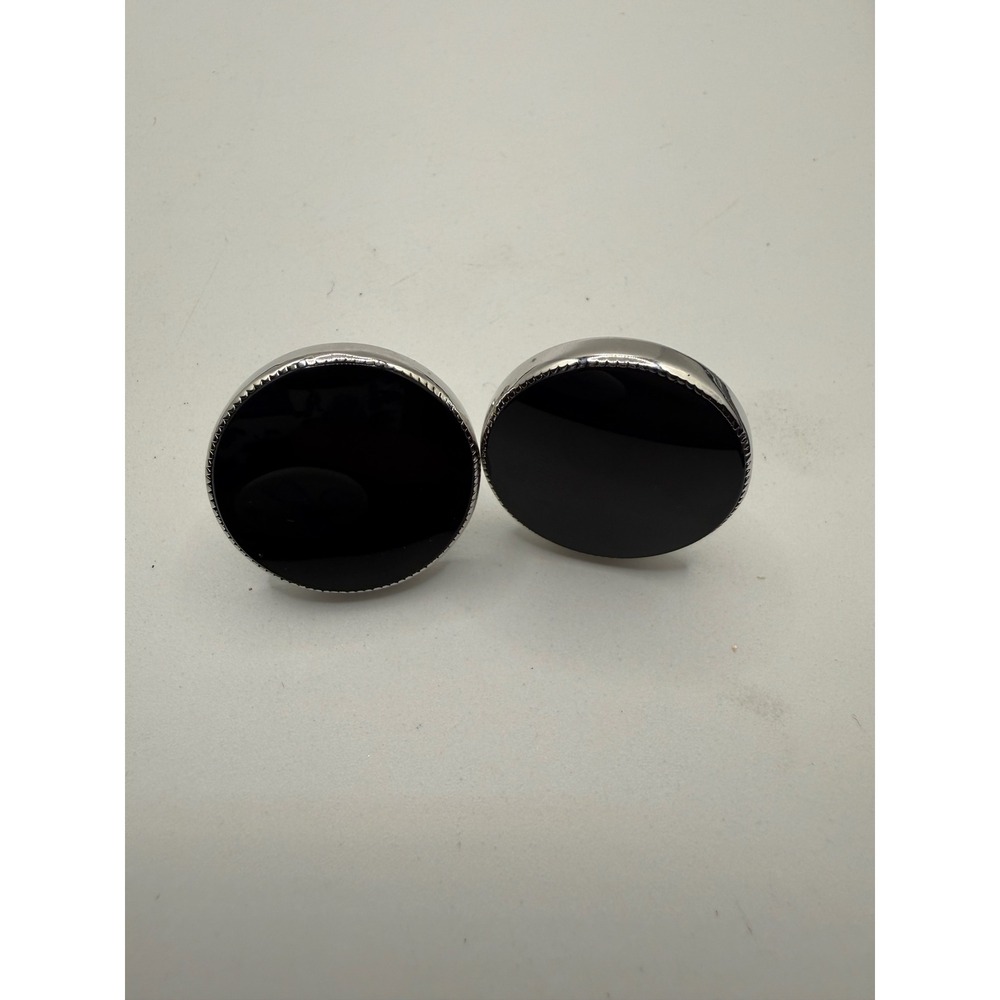 Vintage‎ Round Black Enamel Silver Tone Toggle Back Cufflinks Mens Formal